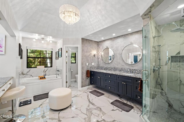 full bathroom with vanity, toilet, plus walk in shower, and a chandelier