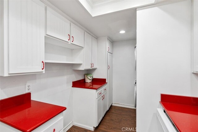 kitchen featuring white cabinets and dark wood-type flooring