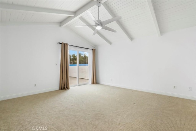 unfurnished room featuring light carpet, ceiling fan, and lofted ceiling with beams