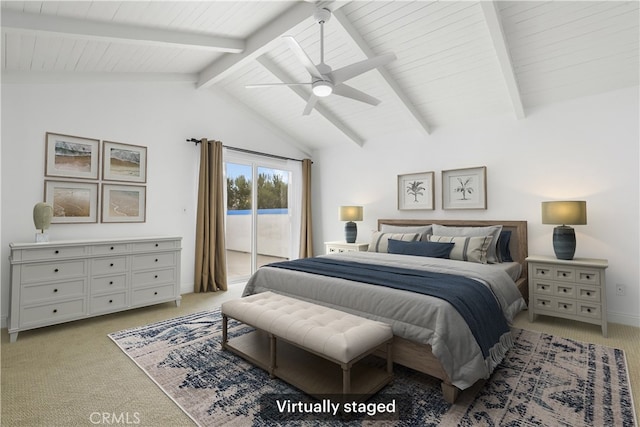 bedroom featuring ceiling fan, lofted ceiling with beams, light colored carpet, and access to outside