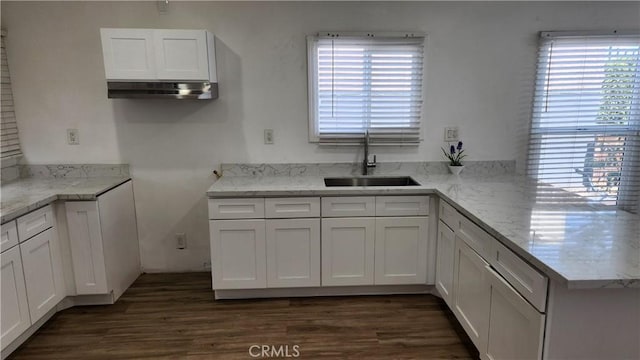 kitchen featuring sink, white cabinetry, and light stone counters