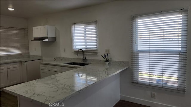 kitchen featuring white cabinets, sink, light stone countertops, and kitchen peninsula