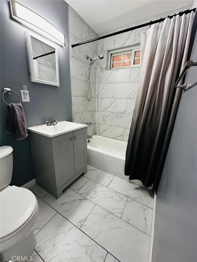 full bathroom with shower / bath combination with curtain, toilet, and vanity