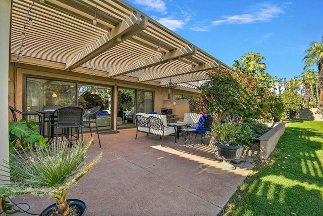 view of patio / terrace with a pergola and outdoor lounge area