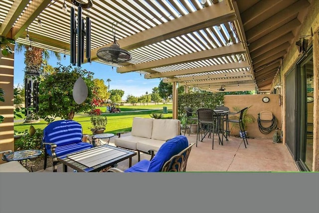 view of patio / terrace with an outdoor living space and a pergola