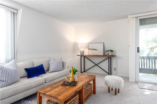 carpeted living room with plenty of natural light and a textured ceiling