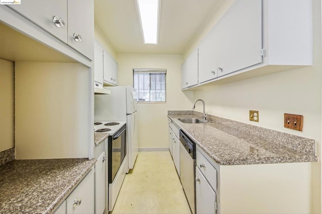 kitchen with white cabinetry, sink, dishwasher, white electric range oven, and stone countertops