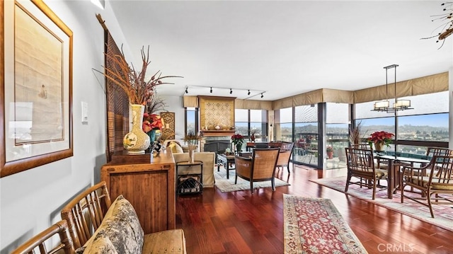 interior space featuring a fireplace, dark hardwood / wood-style flooring, rail lighting, and a notable chandelier