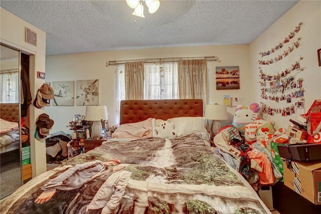 bedroom featuring multiple windows, a closet, and a textured ceiling