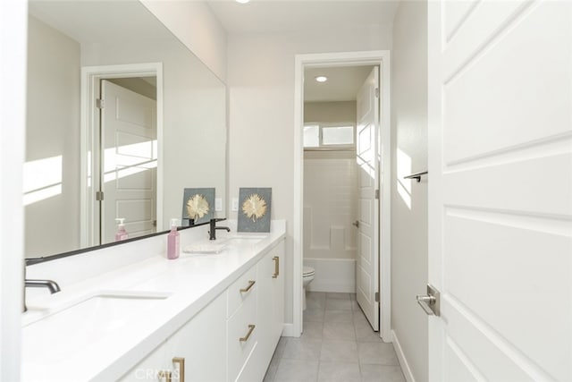 full bathroom with toilet, bathtub / shower combination, vanity, and tile patterned floors