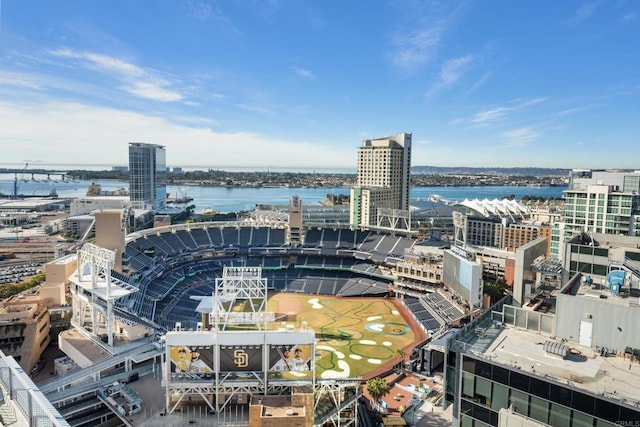 birds eye view of property with a water view