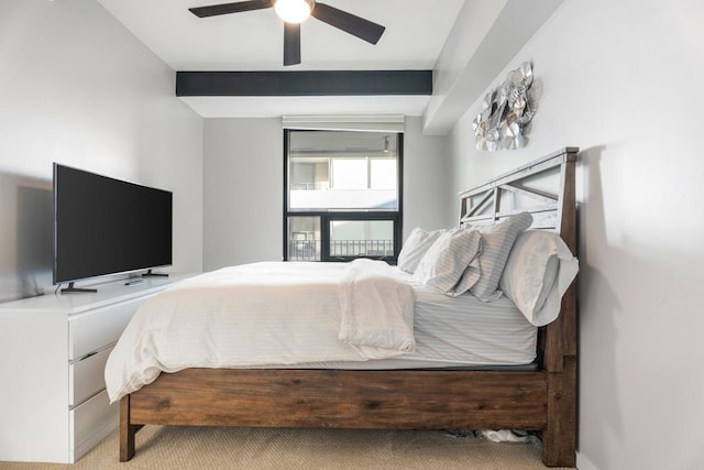 bedroom with light carpet and ceiling fan