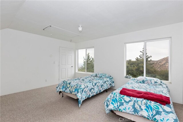 bedroom with carpet and vaulted ceiling