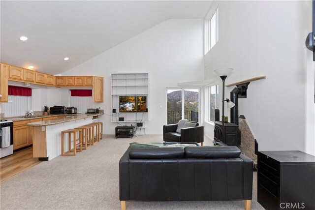 living room with light colored carpet, sink, and high vaulted ceiling