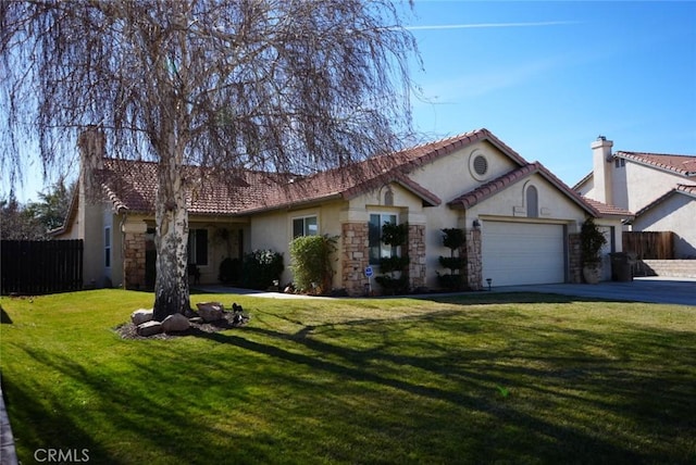 single story home featuring a front lawn and a garage