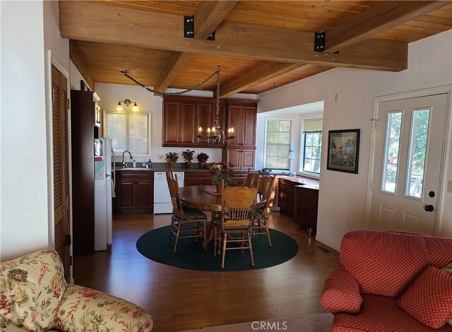 dining space with beam ceiling, sink, wood ceiling, and dark hardwood / wood-style floors