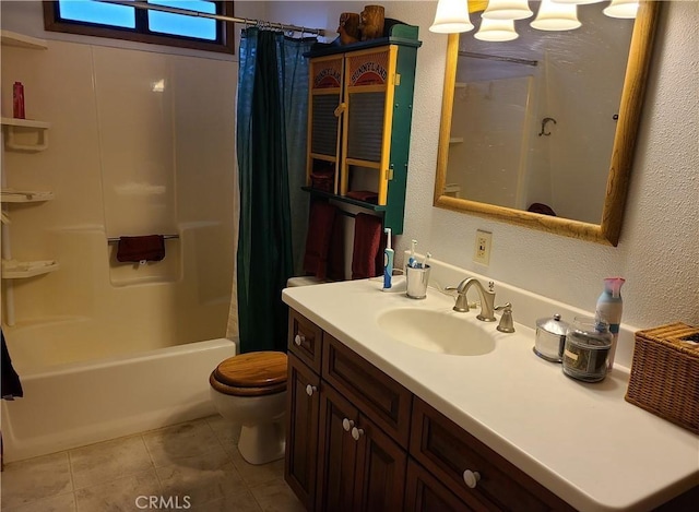 full bathroom with tile patterned flooring, vanity, shower / bath combination with curtain, and toilet