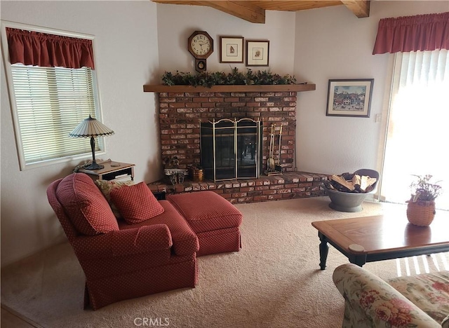 carpeted living room with beamed ceiling, a healthy amount of sunlight, and a fireplace