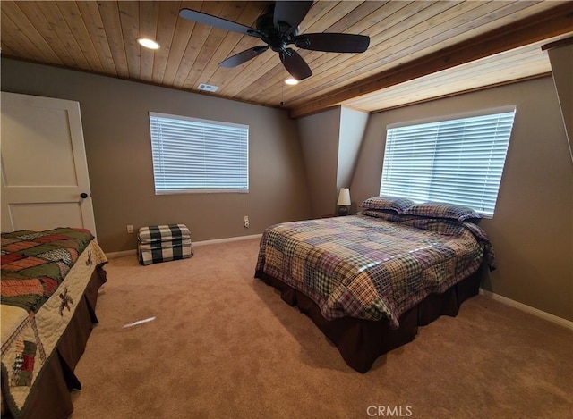 bedroom with light carpet, wooden ceiling, and ceiling fan