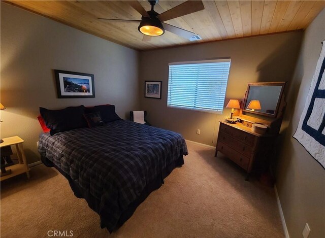 bedroom featuring wood ceiling, light colored carpet, and ceiling fan