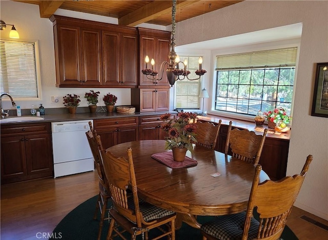 dining space featuring beamed ceiling, dark hardwood / wood-style flooring, a chandelier, and sink