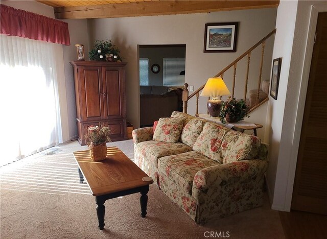 carpeted living room with plenty of natural light and beam ceiling