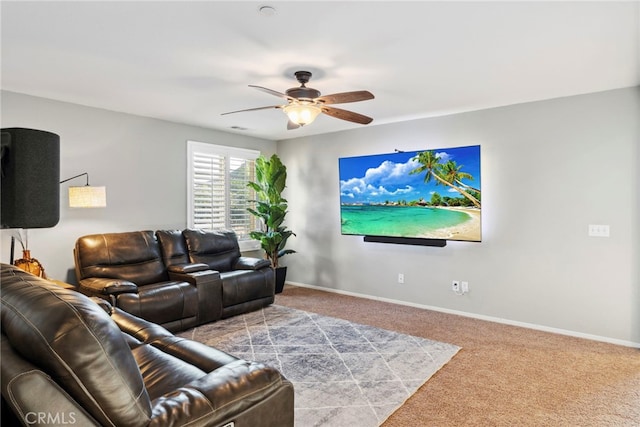 living room with light colored carpet and ceiling fan