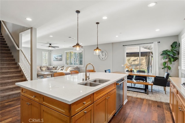 kitchen with sink, dishwasher, an island with sink, dark hardwood / wood-style floors, and plenty of natural light