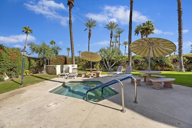 view of pool with a patio and a lawn