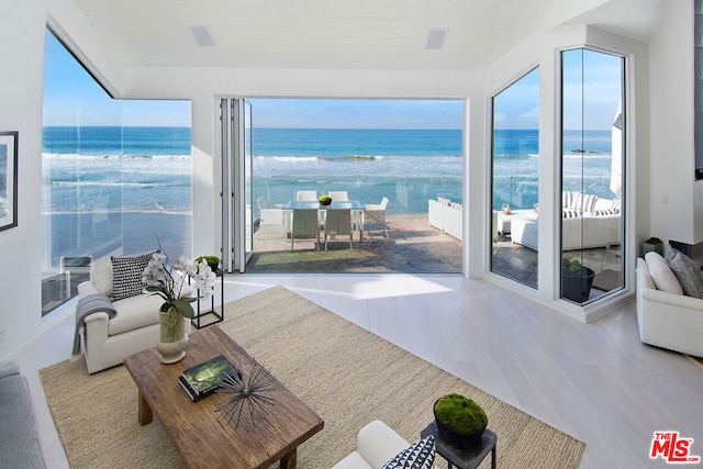 living room featuring hardwood / wood-style flooring and a water view