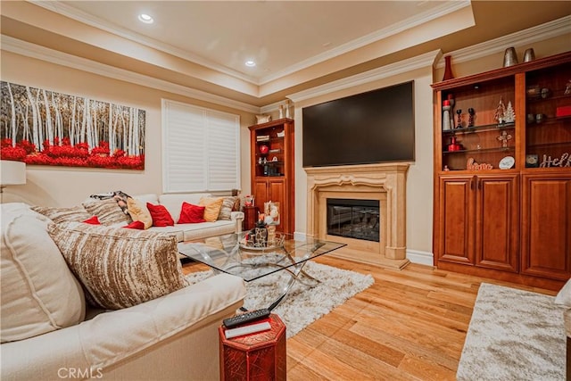 living room with a raised ceiling, crown molding, and light wood-type flooring