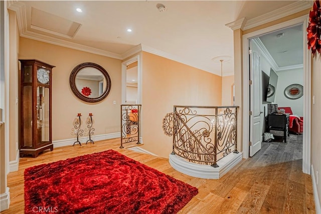 hallway featuring wood-type flooring and crown molding