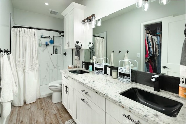 bathroom featuring toilet, wood-type flooring, vanity, and a shower with curtain