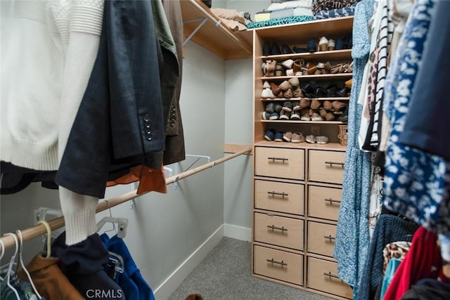 spacious closet featuring light colored carpet