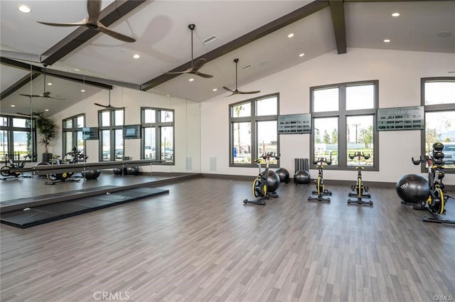 workout area featuring hardwood / wood-style floors, high vaulted ceiling, and a healthy amount of sunlight