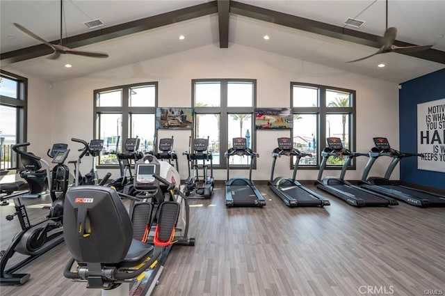 exercise room featuring hardwood / wood-style floors, plenty of natural light, and ceiling fan