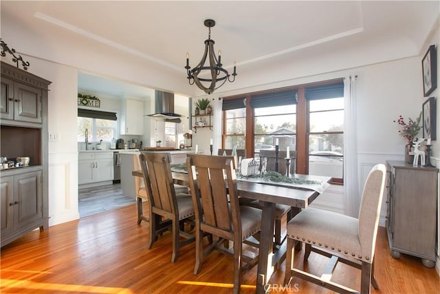 dining room with a chandelier, light hardwood / wood-style floors, and a wealth of natural light