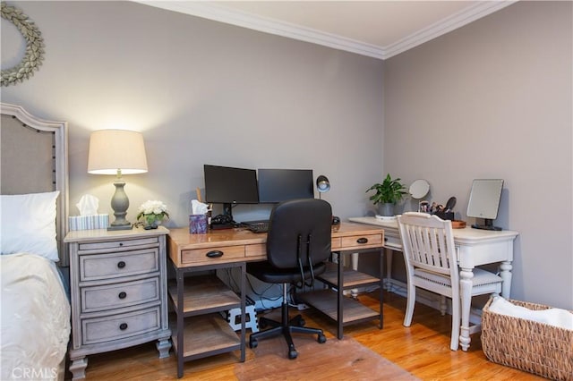 office featuring light hardwood / wood-style flooring and ornamental molding