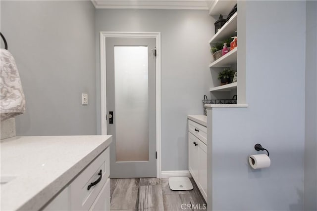 interior space featuring vanity, wood-type flooring, and ornamental molding