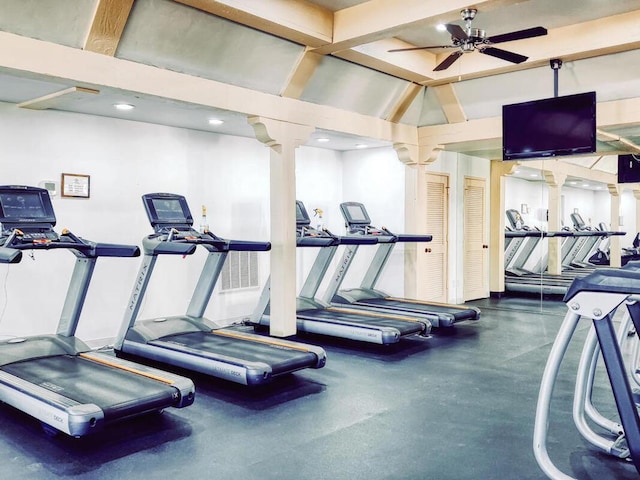 exercise room with ceiling fan and lofted ceiling