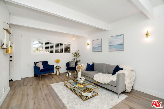 living room with wood-type flooring and beamed ceiling