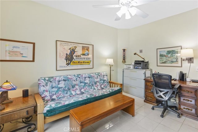 office space with ceiling fan and light tile patterned floors