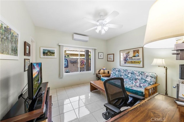 tiled living room with ceiling fan and an AC wall unit