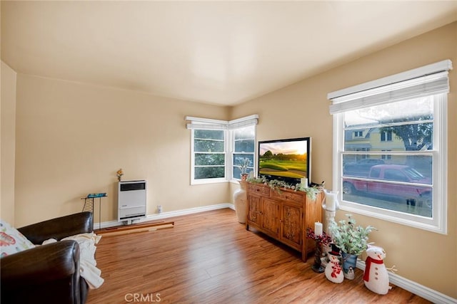 living room with heating unit and light hardwood / wood-style flooring