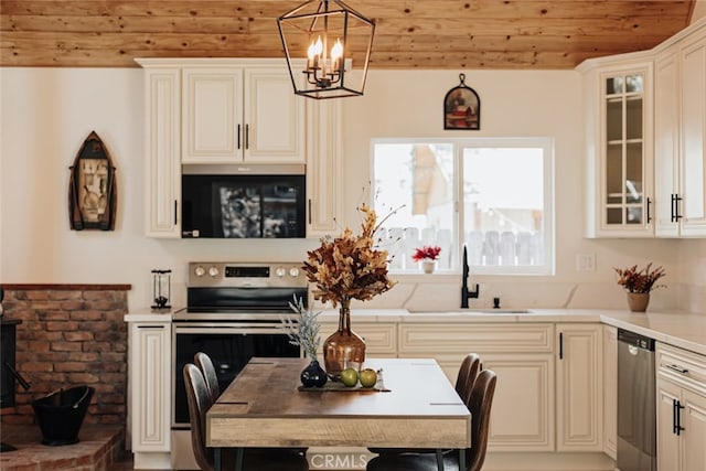 kitchen featuring sink, hanging light fixtures, wooden ceiling, an inviting chandelier, and appliances with stainless steel finishes