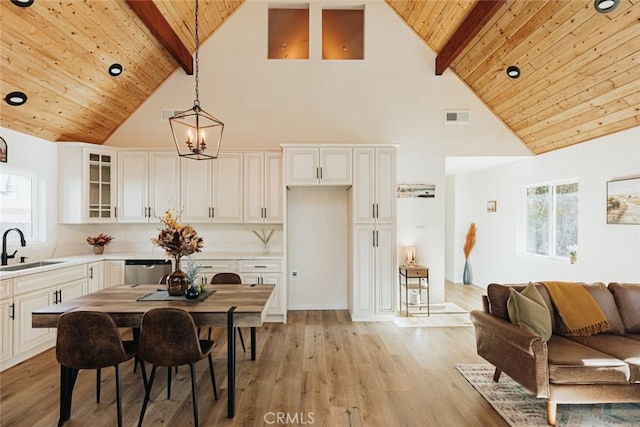 dining area featuring beam ceiling, light hardwood / wood-style floors, high vaulted ceiling, and sink