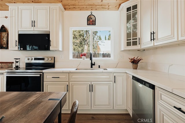 kitchen featuring sink, wooden ceiling, stainless steel appliances, and dark wood-type flooring