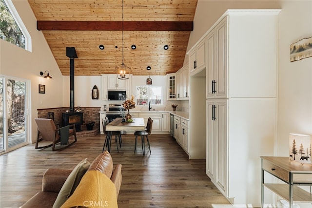 kitchen featuring pendant lighting, stainless steel appliances, a wood stove, and wooden ceiling