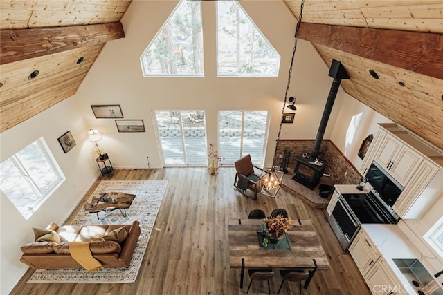 living room with a wood stove, a wealth of natural light, hardwood / wood-style floors, and high vaulted ceiling