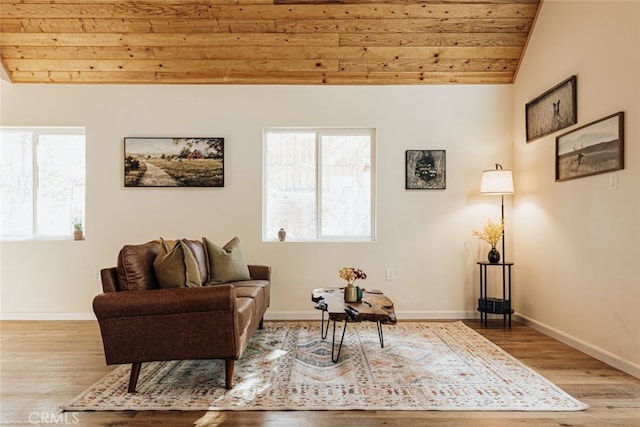 sitting room with light hardwood / wood-style flooring, wooden ceiling, and lofted ceiling